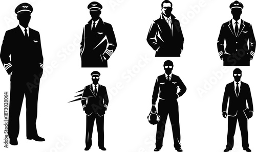 Airline pilot silhouette, flight uniform vector, black and white art, captain pose, aviation persona, formal stance, travel gear