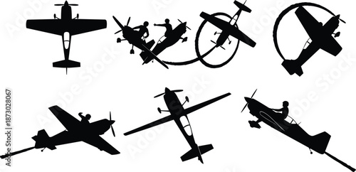 Aerobatic airplane silhouette, pilot in flight, smoke trail vector, black and white art, aerial stunt, dynamic aviation, sky loop