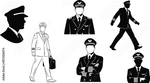 Airline pilot silhouette, flight uniform vector, black and white art, captain pose, aviation persona, travel gear, confident stance
