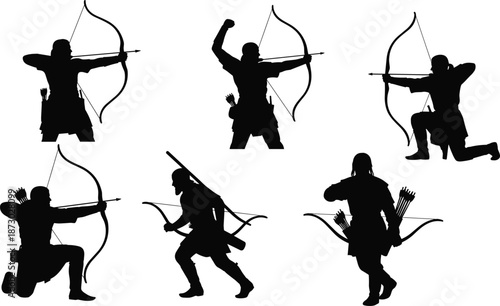 Archery silhouette poses, traditional bow stance, fantasy archer figures, dynamic shooting action, medieval style, black vector set, combat motion