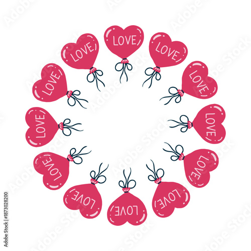Vector round decorative frame with red hearts and text LOVE, perfect for Valentines day card, wedding invitation and so one.