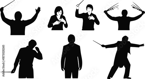 Conductor silhouettes, baton gestures, expressive pose, music leadership, orchestral movement, dramatic stance, performance icons, artistic direction, silhouette figures