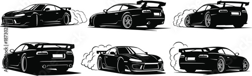 Drifting sports car silhouette, black and white vector, tire smoke effect, racing motion, speed art, dynamic vehicle pose