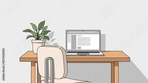 Clean and minimalist remote work setup illustration featuring a laptop on a wooden desk with a plant, perfect for productivity and modern home office environments