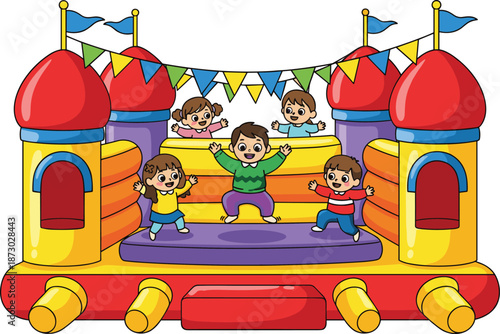 Kids inflatable bounce house illustration, children jumping playground castle, fun party activity, colorful amusement play structure