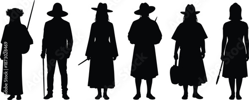 Folklore character silhouette, traditional figure vector, black and white art, staff cane broom pose, historical costume concept