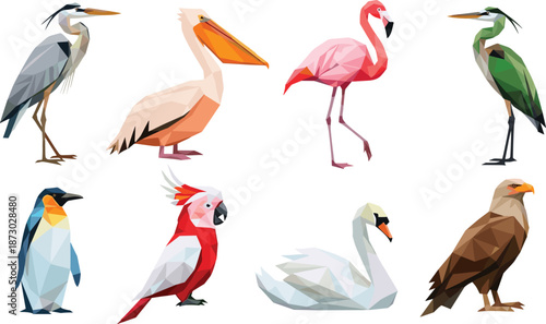 Low poly bird collection illustration featuring flamingo pelican heron penguin parrot swan eagle geometric wildlife set