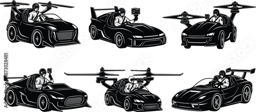 Flying car silhouette, futuristic drone vehicle, black and white vector, pilot with camera, aerial tech, VTOL concept, motion pose