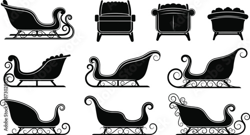 Santa sleigh silhouette collection, Christmas sleigh vector set, festive holiday decoration, black sleigh icon illustrations, winter graphic