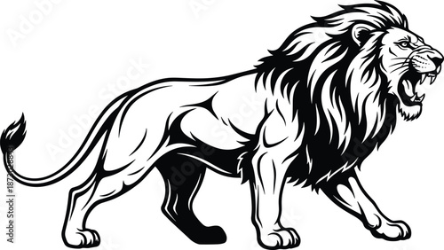 Black and white lion illustration, roaring powerful wild animal mascot design, aggressive big cat vector artwork, strength, courage, logo branding
