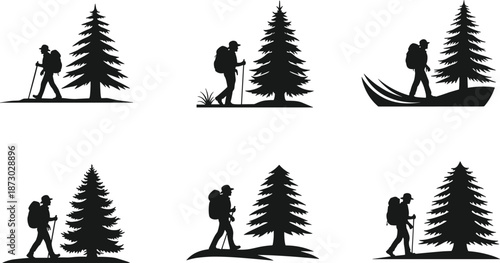 Hiker silhouette near pine tree, outdoor trekking vector, black and white art, nature exploration pose, forest adventure scene