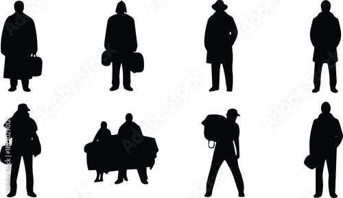 Migration silhouettes, travel figures, luggage icons, walking pose, journey theme, displacement concept, diverse travelers, bag carriers, movement, silhouette style
