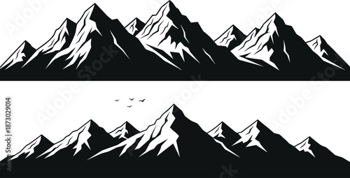 Black and white mountain range silhouette vector illustration, minimalist alpine peaks landscape design for outdoor adventure, hiking and nature branding.