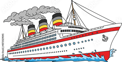 Vintage ocean liner, cruise ship illustration, classic maritime transport, nautical travel, retro vessel, smokestack, sea waves, anchor detail