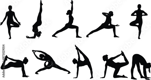 Yoga pose silhouettes set, female fitness exercise collection, meditation balance stretching workout, wellness body movement illustration