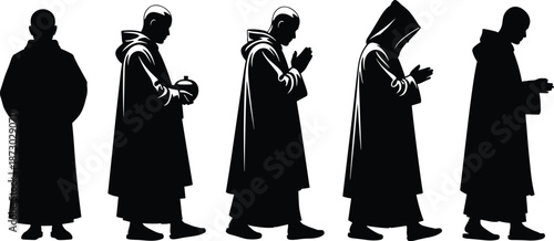 Monk silhouette vector set, spiritual robe figures, prayer and meditation poses, religious character design, black traditional illustration