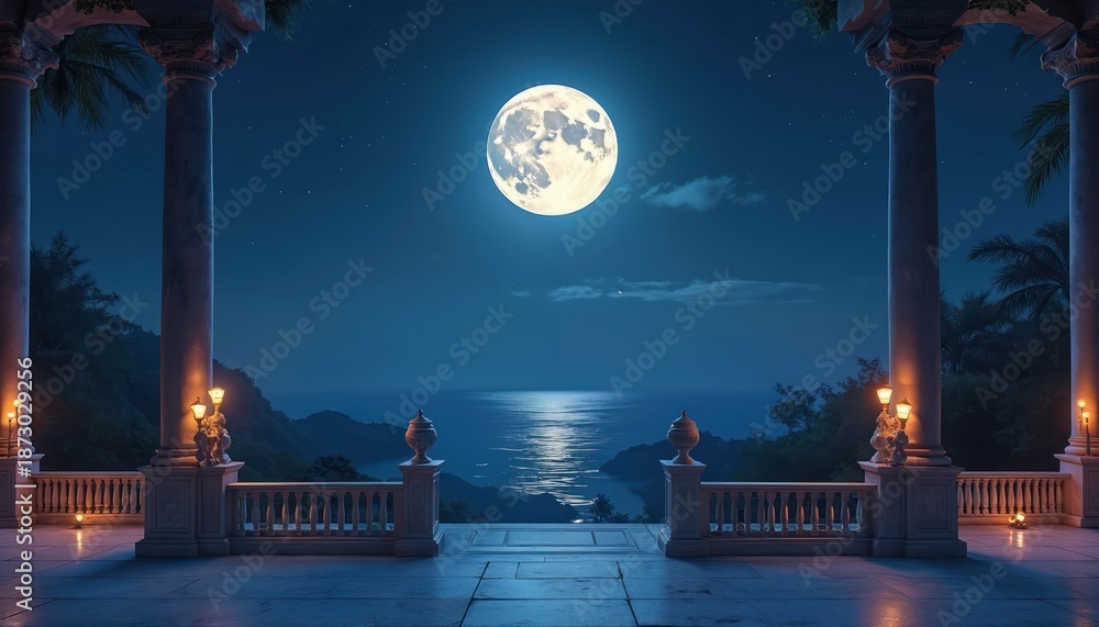 Obraz premium View from terrace on full moon night. Balcony decorated with columns. Ocean view under moonlight with stars. Romantic moon light reflection in sea water. Tourism destination for vacation travel.