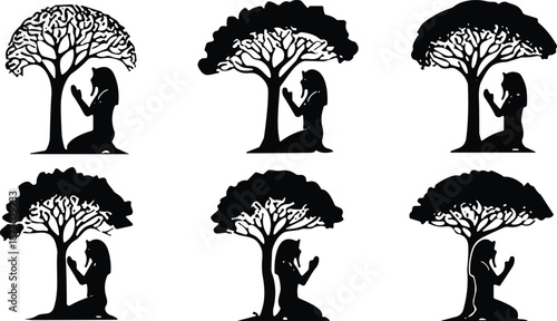 Prayer silhouettes under tree, spiritual pose, nature devotion, kneeling figure, foliage art, meditation moment, faith gesture, sacred scene, worship