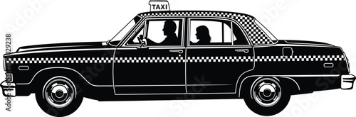 Black and white side view of retro taxi cab silhouette, vintage car vector illustration with driver and passenger, transportation.
