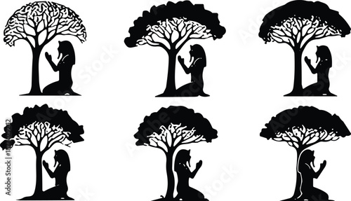 Prayer under tree silhouettes, kneeling pose, spiritual devotion, nature worship, foliage art, meditation moment, sacred gesture, faith, silhouette icons