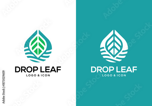 vector logo design of water drop icon with leaf and water wave inside