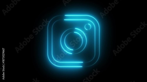 Neon instagram logo glowing with pink and teal lights on a black background design element