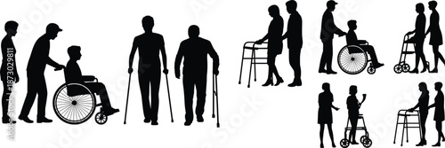 Accessibility silhouette set, wheelchair, walker, crutches, caregiver support, black vector icons, rehabilitation, healthcare, mobility aid, inclusive design, compassion