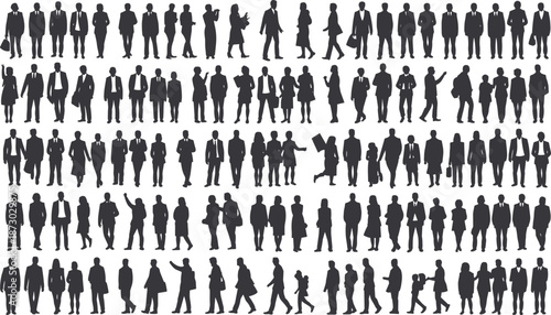 Business silhouette collection, formal attire, standing, walking, carrying bags, black vector icons, professional people, posture, gesture, corporate diversity, office