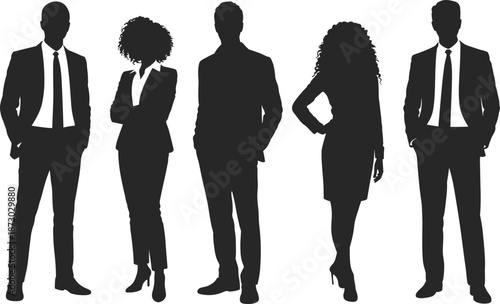 Business silhouette group, formal attire, standing posture, black vector icons, professional team, corporate identity, office people, gesture, diversity, leadership