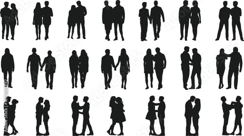 Couple silhouette collection, romantic poses, diverse relationships, walking, hugging, holding hands, inclusive love, black vector icons, social interaction set