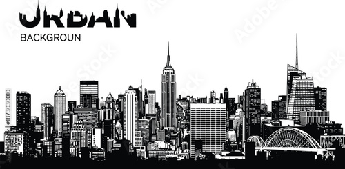 Black and white urban city skyline vector background with iconic skyscrapers and bridge illustration, perfect for modern design and architectural concepts