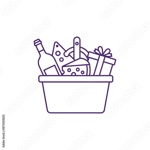 Gourmet Gift Basket Line Art Icon: Wine, Cheese, and Present