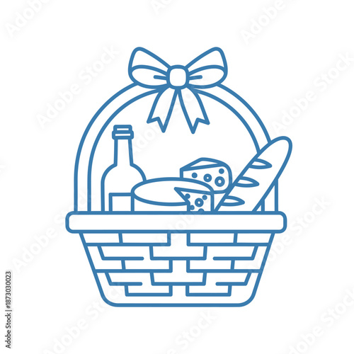 Gourmet Gift Basket Icon: Wine, Cheese, and Bread - Outline Clipart
