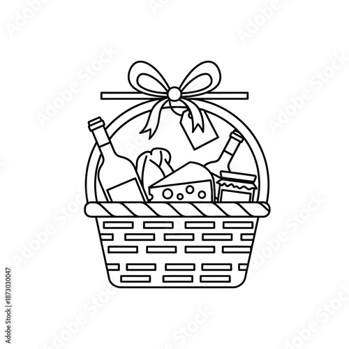 Gourmet Gift Basket Outline: Wine, Cheese, Jam, and Bread Icon