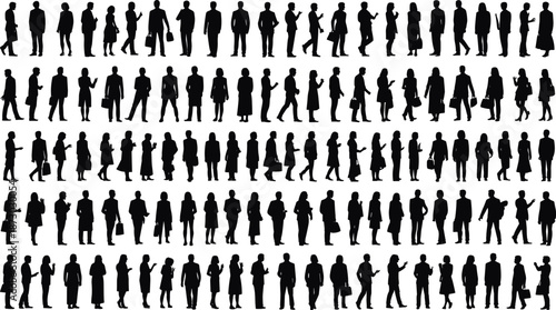 Human silhouette collection, walking, standing, talking, carrying bags, business and casual attire, black vector icons, posture, gesture, crowd diversity