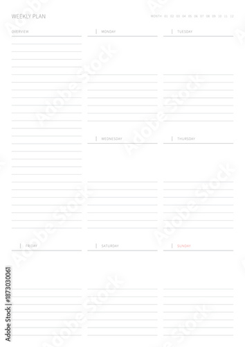 A weekly plan design template in a modern, simple, and minimalist style. Note, scheduler, diary, calendar, planner document template illustration.