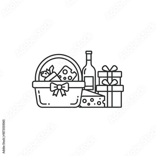 Gourmet Picnic Basket Gift Set with Wine, Cheese and Presents - Line Art Icon