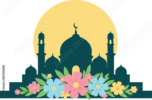Ramadan Mosque Illustration with Floral Decoration and Crescent Moon for Festive Islamic Design