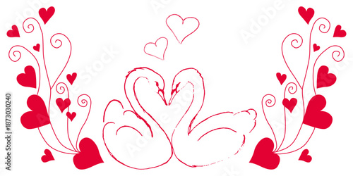 Romantic illustration with a pair of swans forming a heart, symbolizing fidelity, pure love and harmony. The composition is complemented by decorative red hearts and elegant curls on both sides