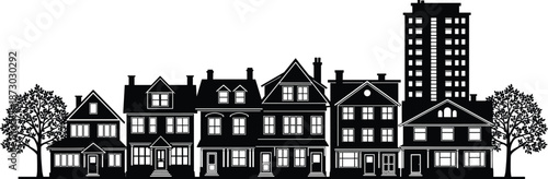 Black and white urban street silhouette illustration featuring row houses, residential buildings, suburban neighborhood architecture, city skyline, and leafy trees.
