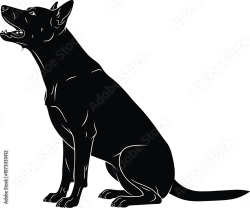 Sitting dog silhouette, alert posture, black pet icon, attentive canine shape, minimal animal graphic, flat vector illustration