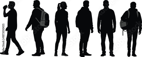 Standing people silhouette set, casual and active poses, backpack and bottle gesture icons, black vector figures, flat vector illustration