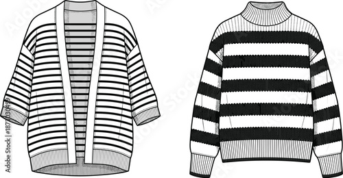 Striped sweater fashion, cozy knitwear design, horizontal stripe cardigan, pullover style, 