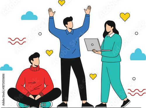 Teamwork and collaboration illustration, creative group activity, laptop user, positive interaction, flat vector illustration, modern lifestyle, cheerful character design