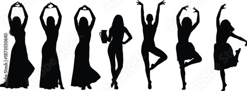 Dancing women silhouette set, graceful poses, long dress and ballet styles, expressive movement icons, flat vector illustration