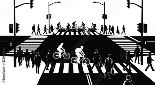 Black and white vector illustration of a busy crosswalk with pedestrians and cyclists crossing a city street, urban traffic scene.