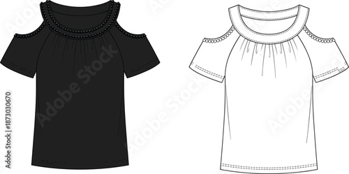 Flat vector illustration, cold-shoulder top design, bead embellishments, fashion sketch, gathered neckline, garment flats, stylish silhouette, apparel drawing