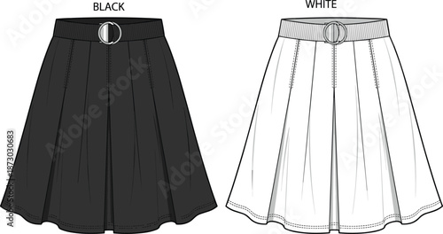 Flat vector illustration, flared skirt design, buckle waistband, black and white fashion sketch, pleated silhouette, garment flats, clothing style