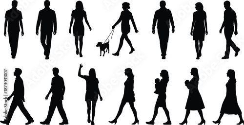 Walking silhouette collection, male and female, black vector icons, casual motion, gesture, interaction, family, pet, baby, everyday activity