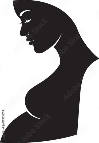 Abstract vector illustration of a black silhouette of a pregnant woman and a young girl representing a mother and child with fashionably sketched hair and elegant profiles
